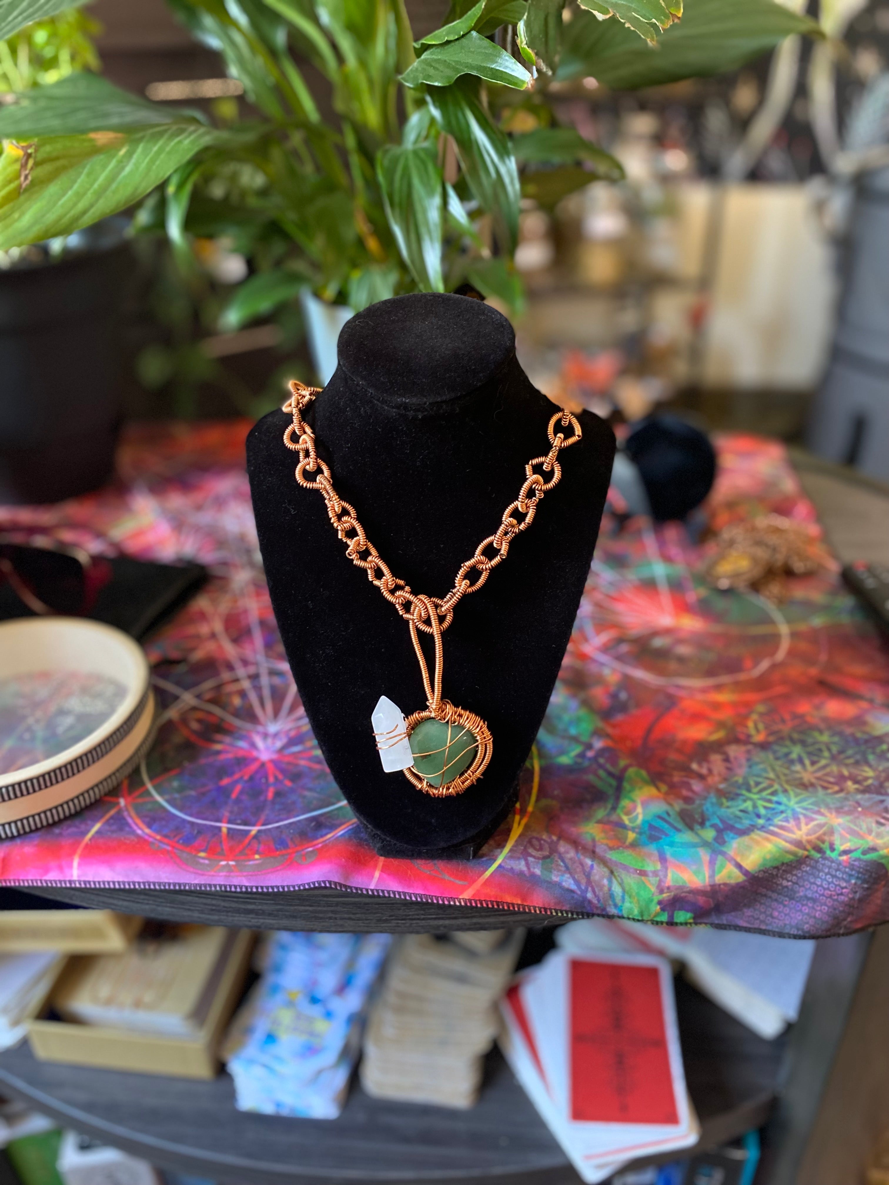 100% COPPER NECKLACE WITH JADE HEART PENDANT HANDMADE BY CIEF KANDAKE